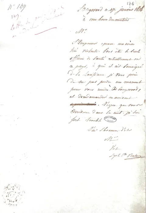 Lettre du général comte de Montholon au médecin O’Meara (Ms Masson 8, f° 176)