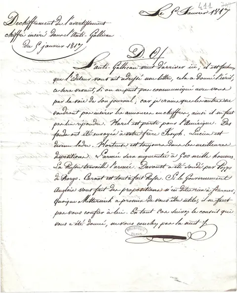 Ms Masson 20-f411 : Rapport des agents français à Londres : déchiffrement de l’avertissement chiffré inséré dans le journal L’Anti-Gallican du 5 janvier 1817 (Ms Masson 20, f° 411)