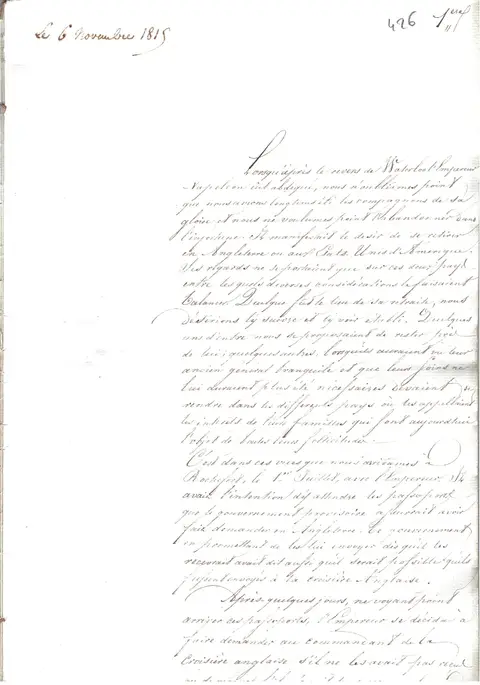 Ms Masson 8-f426 : Mémoire des prisonniers français détenus au fort Manüel (île de Malte), 1815, 1ère page (Ms Masson 8, f° 426)
